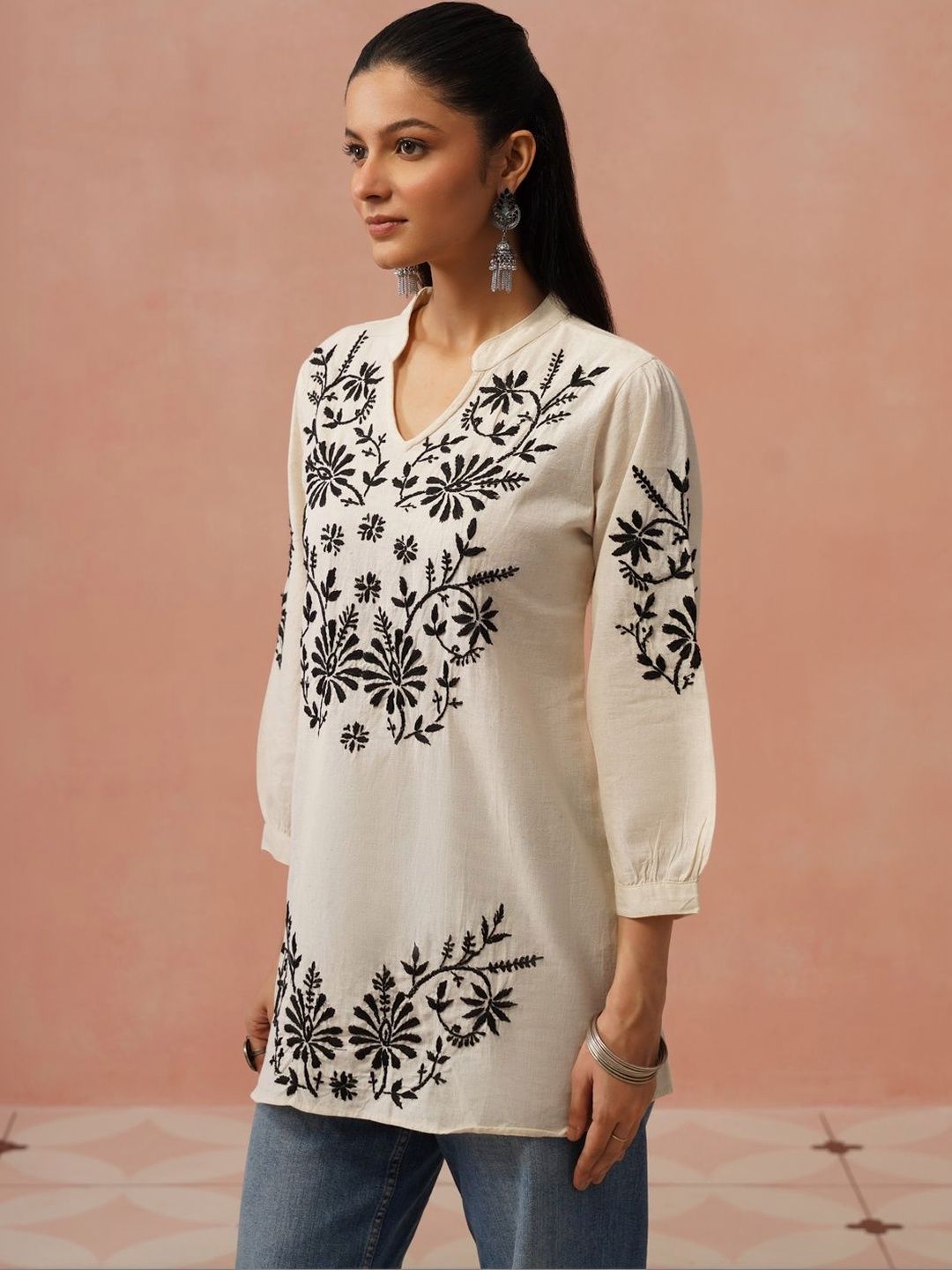 Kurta Kerja Benang Sulam Bunga Rumah Wanita Chikankari