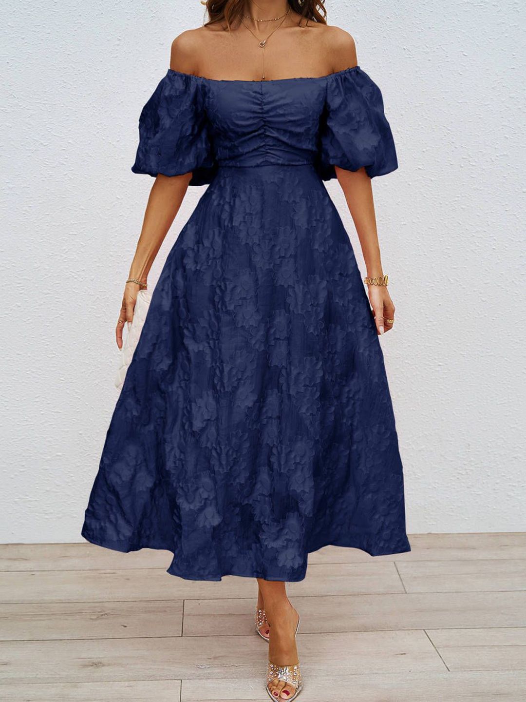 all about you  Women Solid Self Design Off-Shoulder Fit & Flare Midi Dress