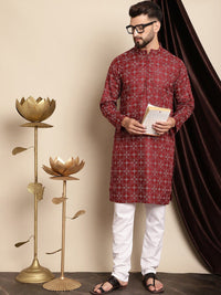 Anouk Maroon & White Ethnic Motifs Printed Kurta With Churidar
