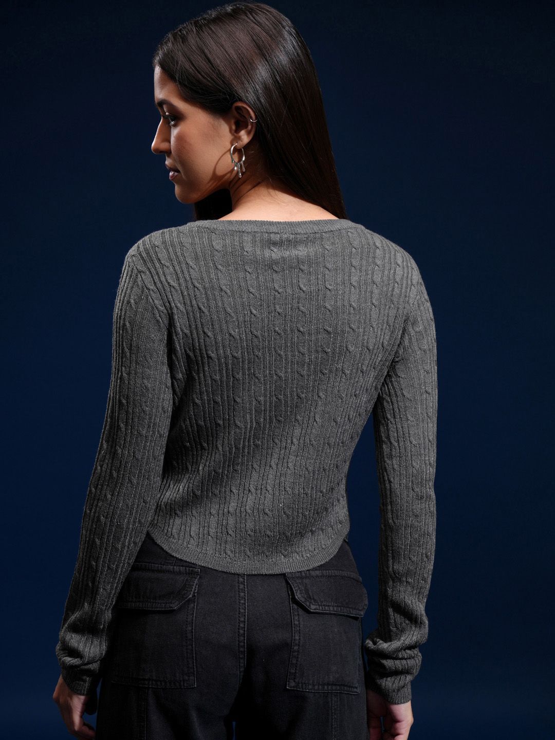 Tokyo Talkies Women Cable Knit Round Neck Pullover Sweater