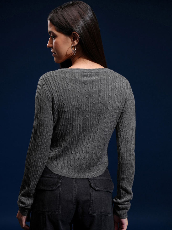 Tokyo Talkies Women Cable Knit Round Neck Pullover Sweater