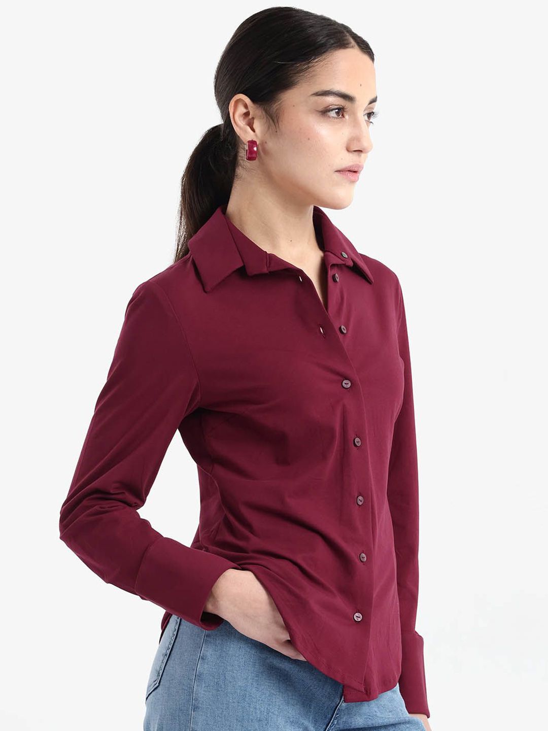 RAREISM Women Comfort Spread Collar Solid Cotton Formal Shirt