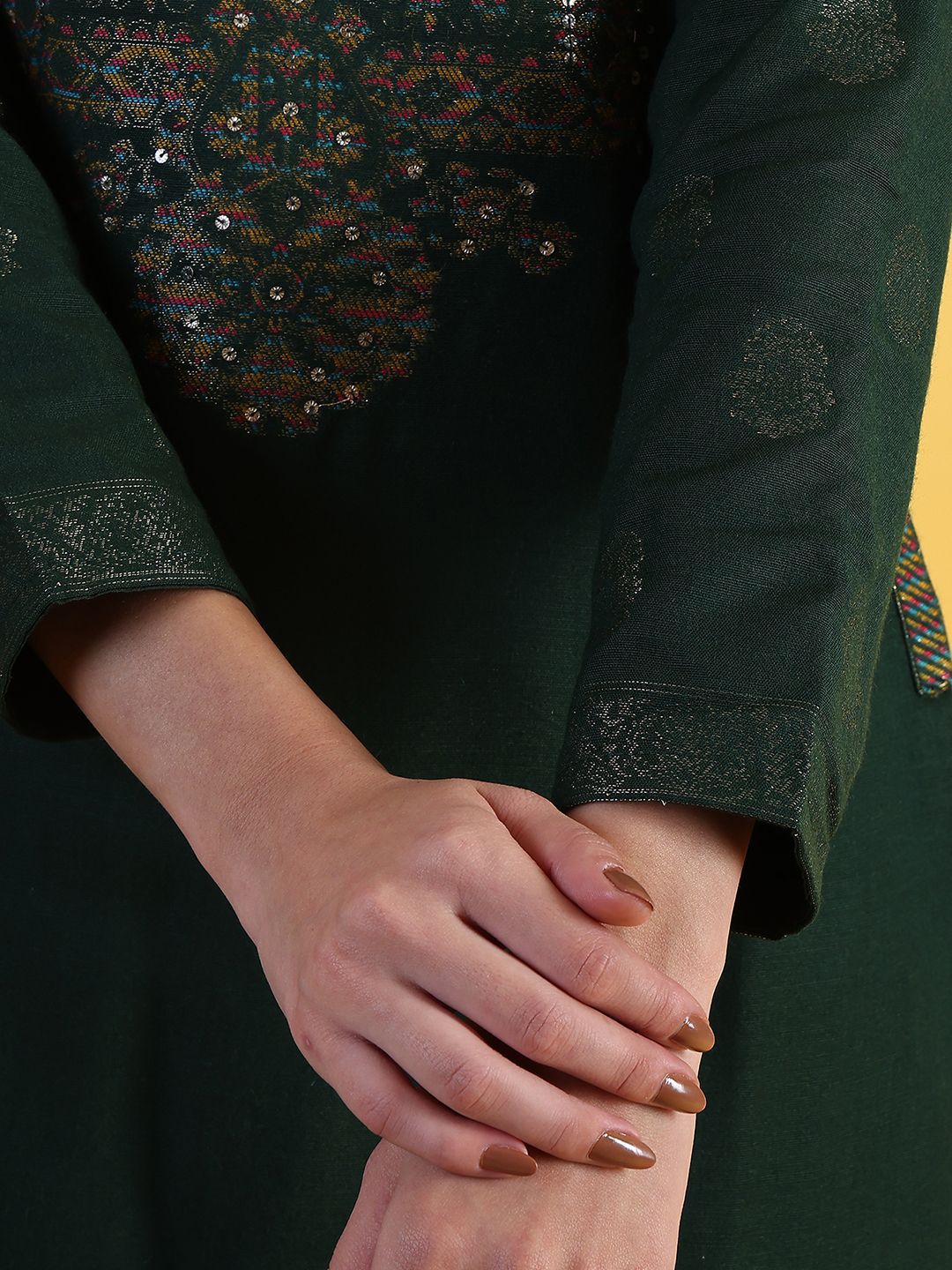 W Green Floral Embroidered Round Neck Straight Kurta With Trousers And Dupatta