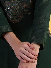 W Green Floral Embroidered Round Neck Straight Kurta With Trousers And Dupatta