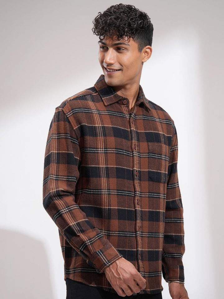HIGHLANDER Men Relaxed Fit Spread Collar Tartan Checked Cotton Casual Shacket