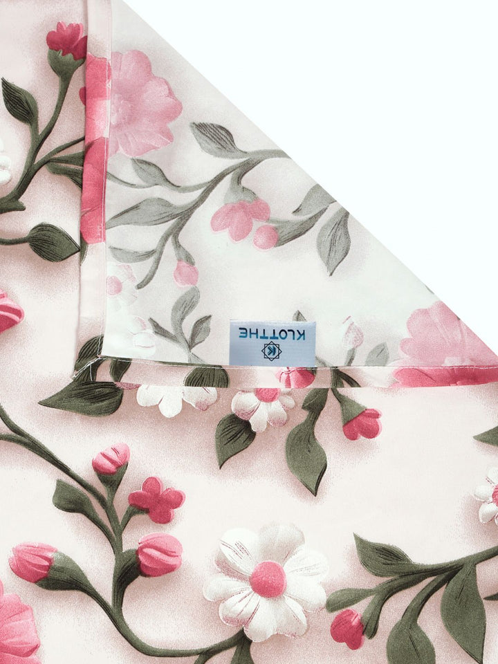 KLOTTHE Cream & Pink Floral Printed Flat 300 TC King Double 7D Bedsheet & 2 Pillow Cover