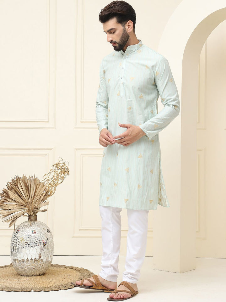 SOJANYA Geometric Woven Design Mandarin Collar Silk Cotton Straight Kurta dengan Piyama