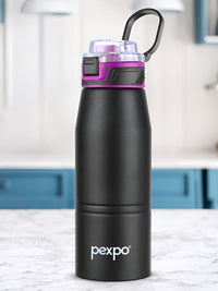 Pexpo Black & Purple Printed Stainless Steel Double Wall Vacuum Water Bottle-740 ml