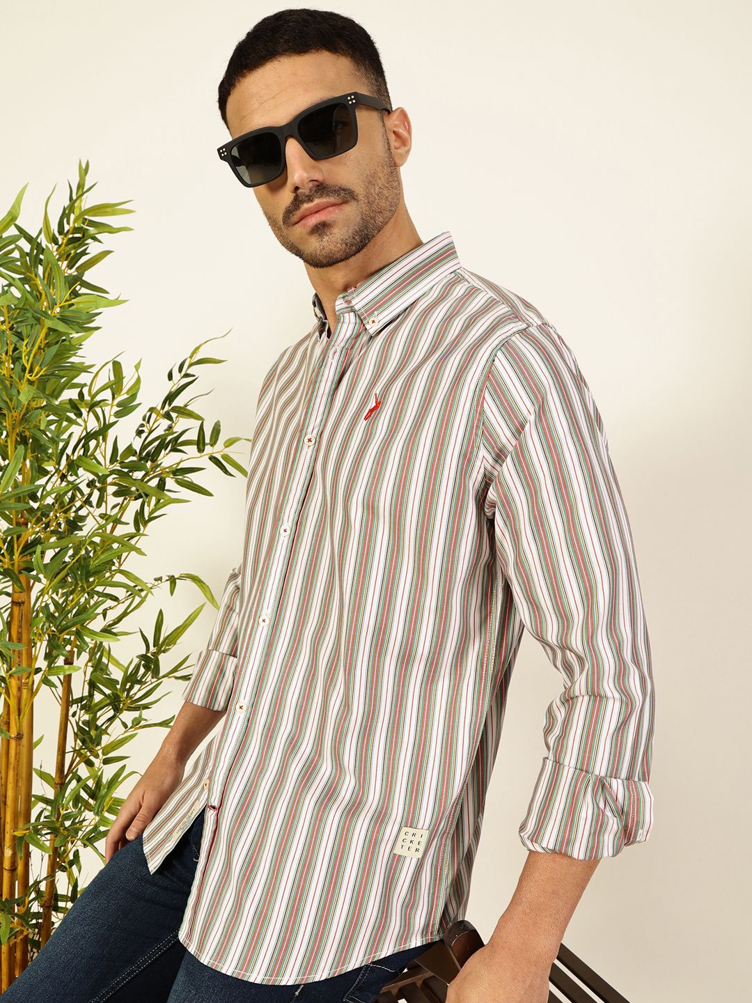 Thomas Scott Men Premium Spread Collar Multi Striped Cotton Slim Fit Casual Shirt
