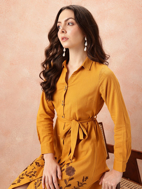 all about you Floral Embroidered Waist Tie-Ups Shirt Dress