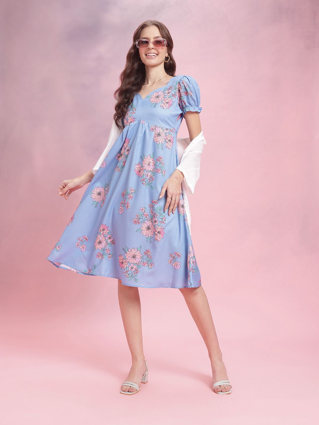 DressBerry Floral Print Puff Sleeves Midi Fit & Flare Dress
