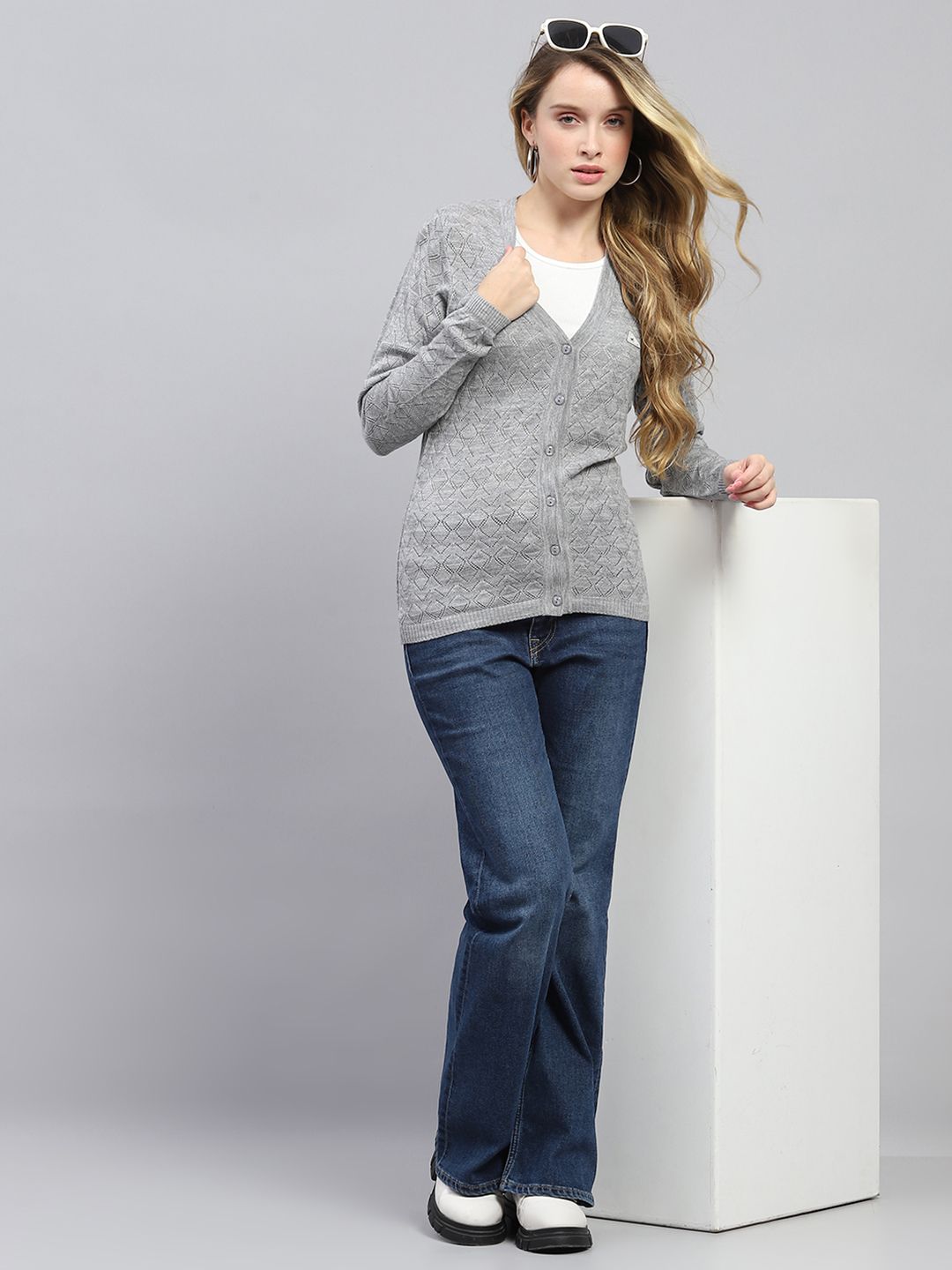 Monte Carlo V-Neck Self Design Cardigan Sweater