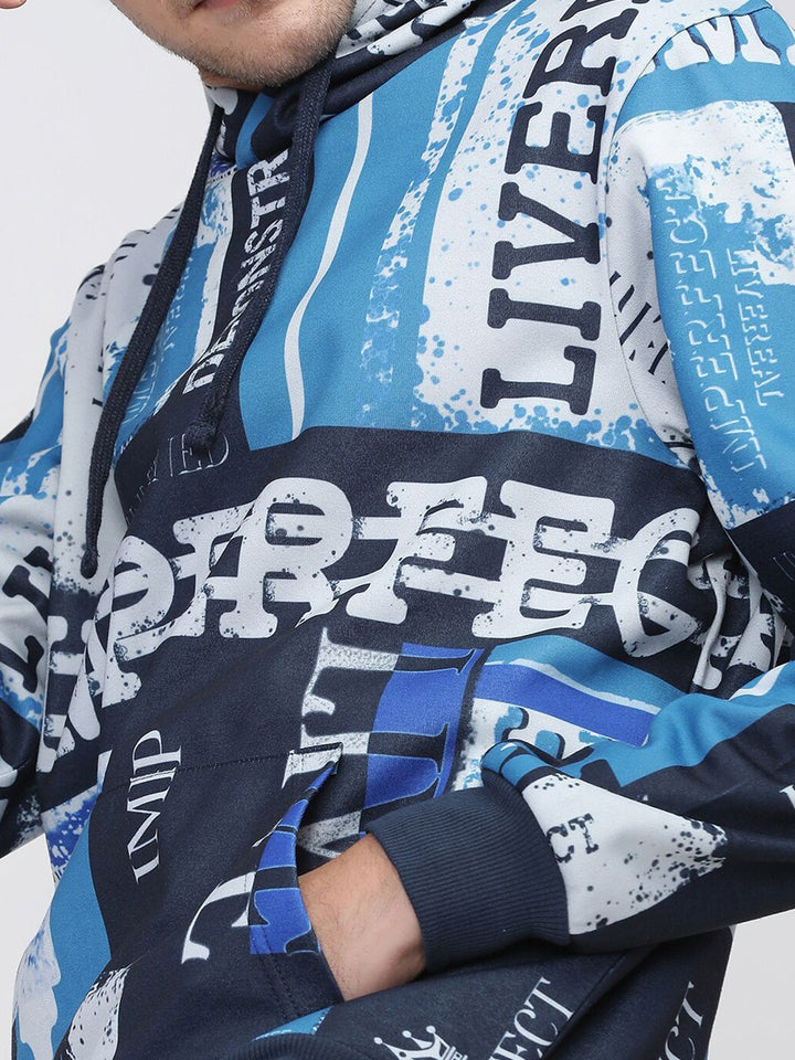 HIGHLANDER Men Blue & White Printed Hooded Sweatshirt