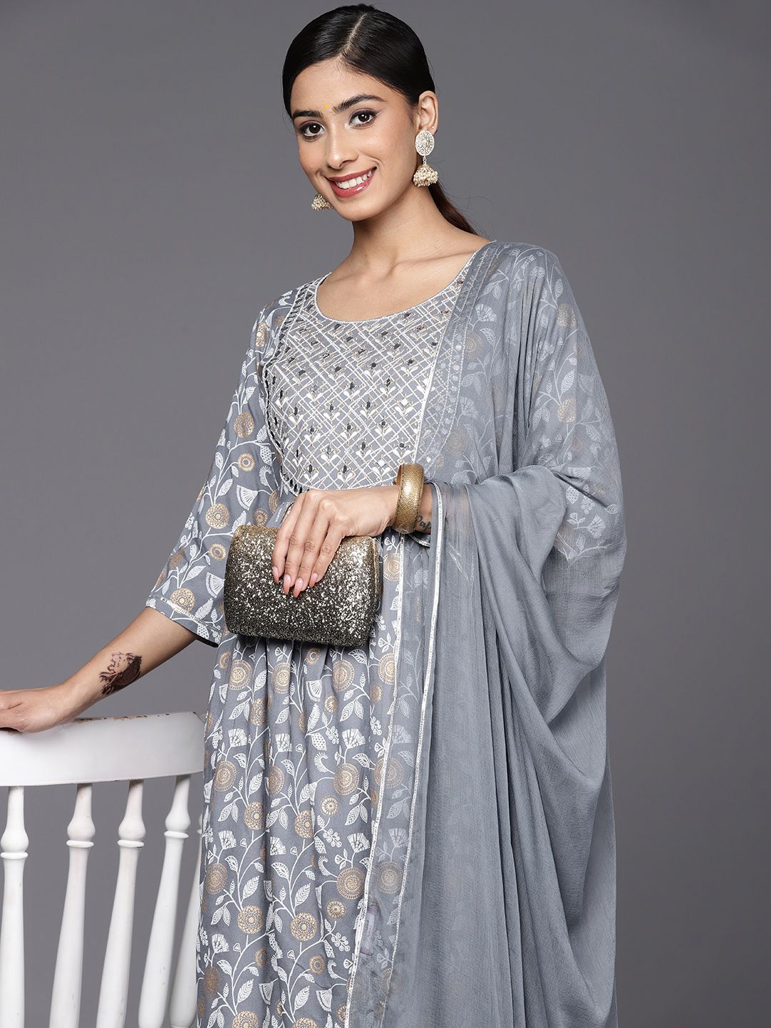 Libas Floral Yoke Design Pleated Thread Work Kurta with Trousers & With Dupatta