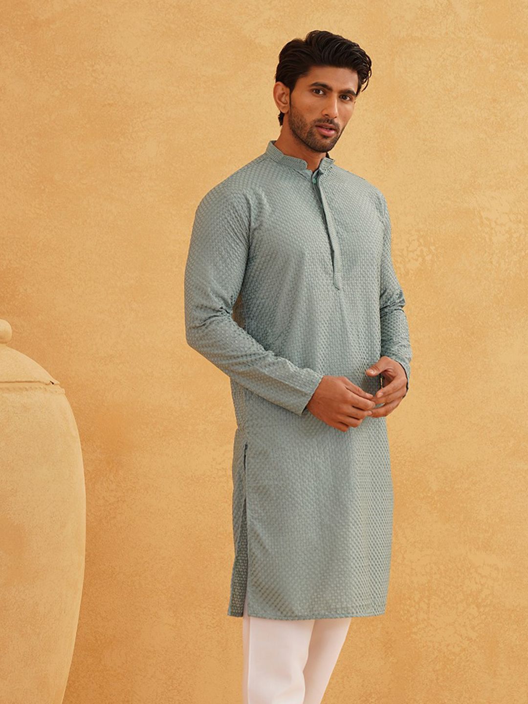 SOJANYA Men Sea Green Striped Kurta