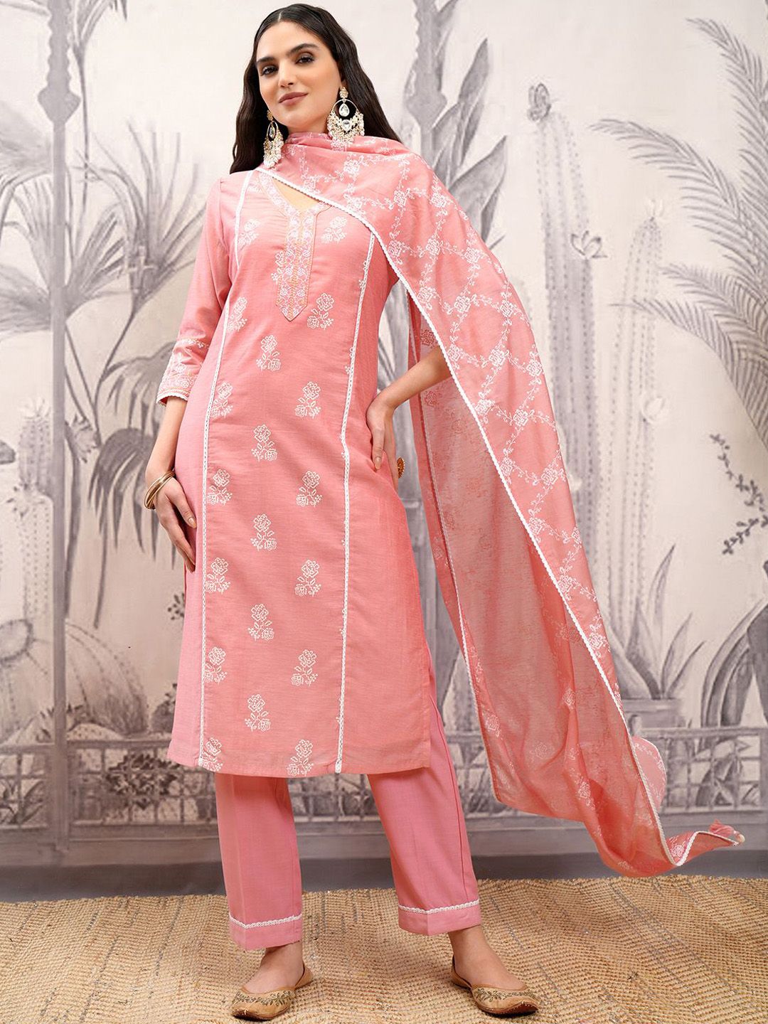 Vishudh Pink Floral Printed V-Neck Pure Cotton Straight Kurta With Trousers & Dupatta