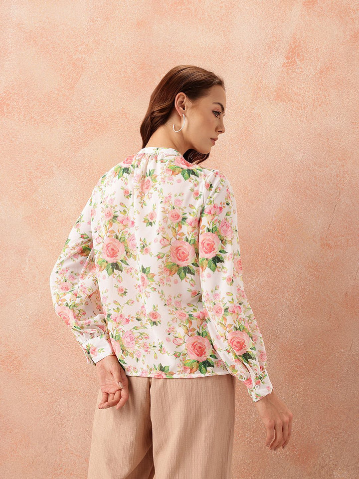 all about you Floral Print Keyhole Neck Puff Sleeves Georgette Semi-Sheer Top