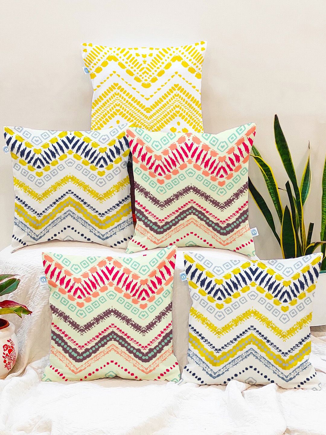 STITCHNEST Teal & Yellow Set of 5 Geometric Printed 18" X 18" Square Cushion Covers