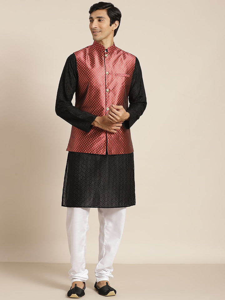 SOJANYA Lelaki Black Chikankari Pure Cotton Kurta with Churidar & Nehru Jacket