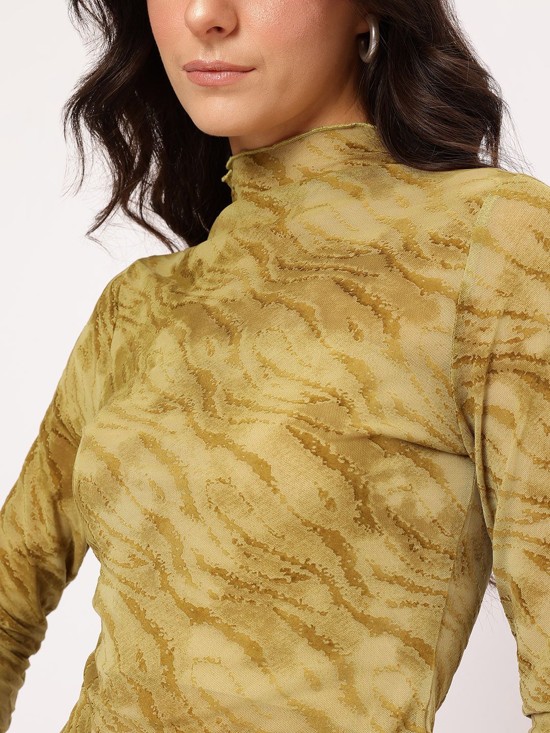 DressBerry Y2K Glam Animal Textured Jacquard Semi Sheer Top