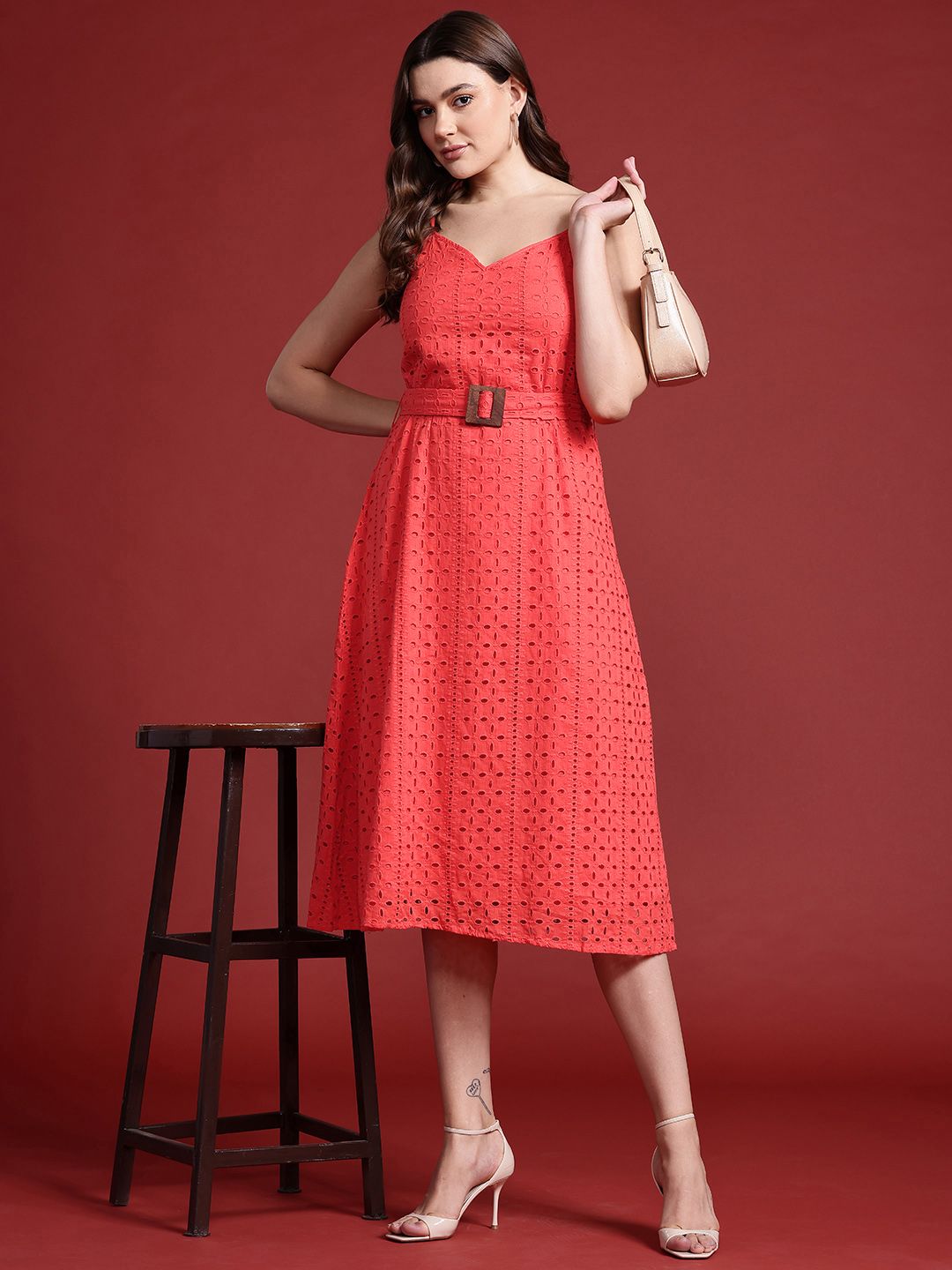 all about you Schiffli Cotton A-Line Midi Dress with Belt