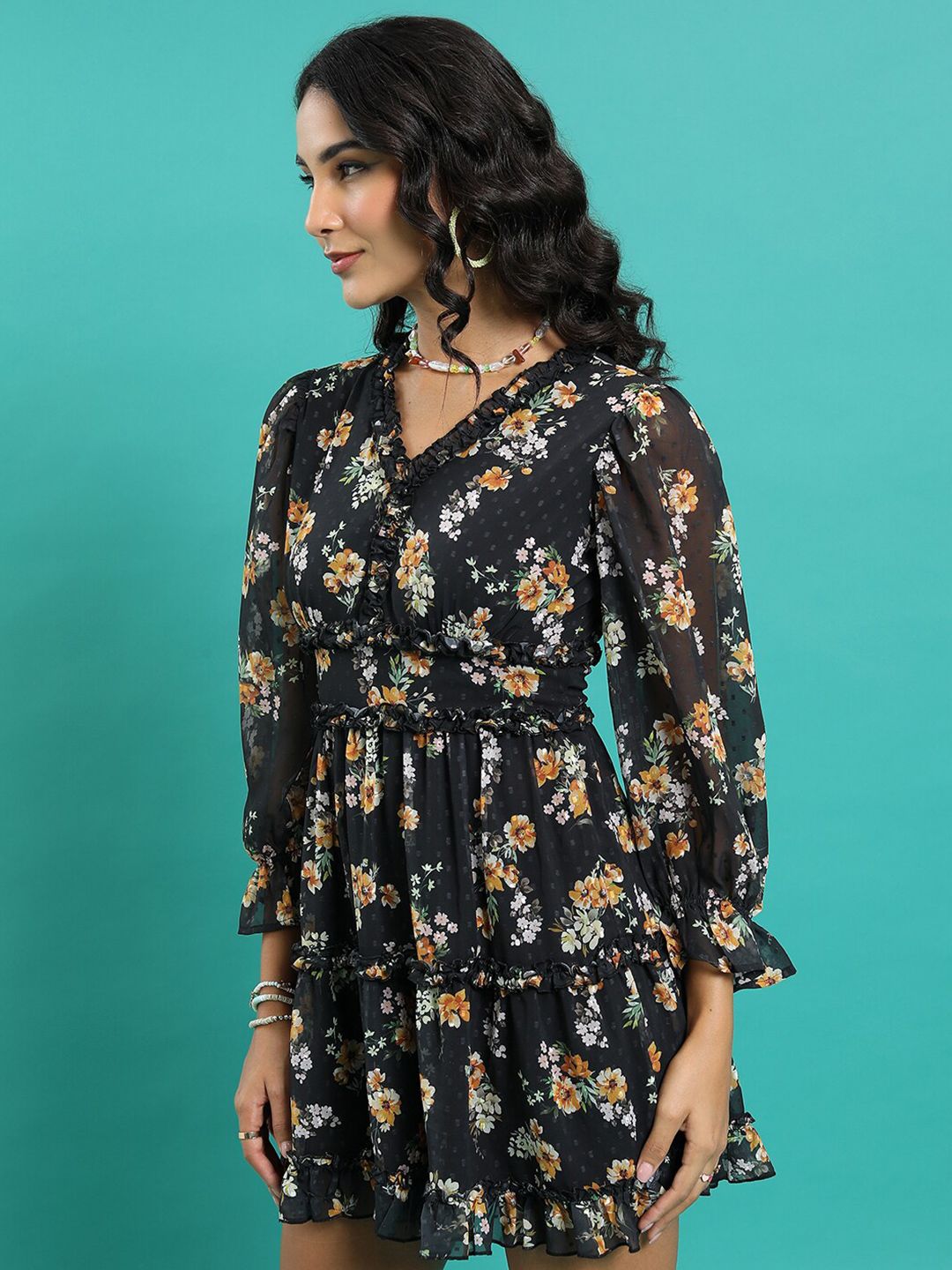 Tokyo Talkies Black Floral Printed Ruffled Detailed V-Neck Puff Sleeve Fit & Flare Dress
