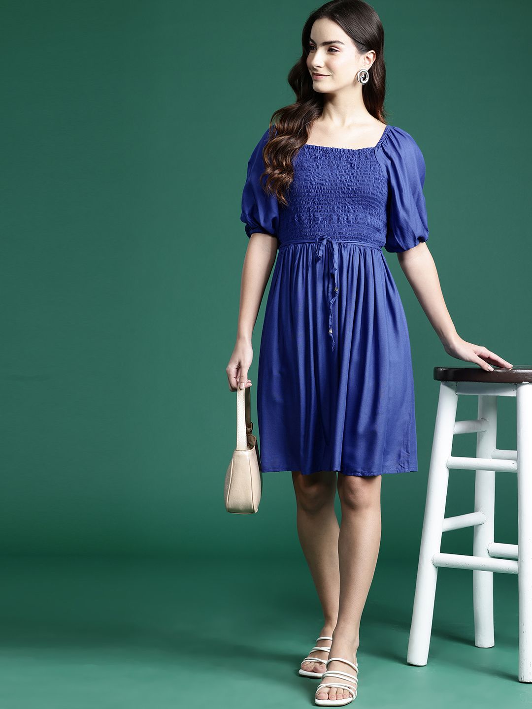 DressBerry Puff Sleeve A-Line Mini Dress with Belt