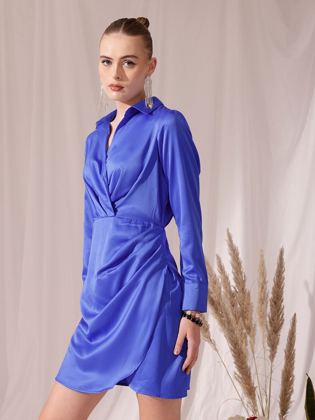 STREET 9 Shirt Collar Long Sleeves Satin Dress