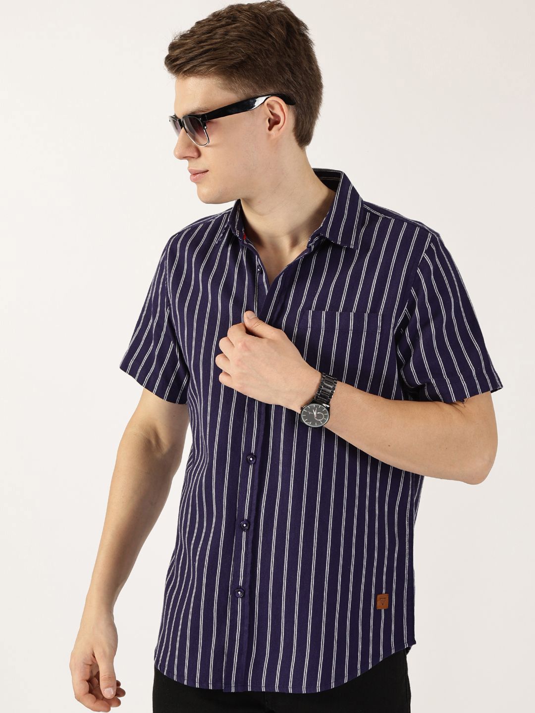 Thomas Scott Men Classic Slim Fit Spread Collar Vertical Striped Cotton Casual Shirt