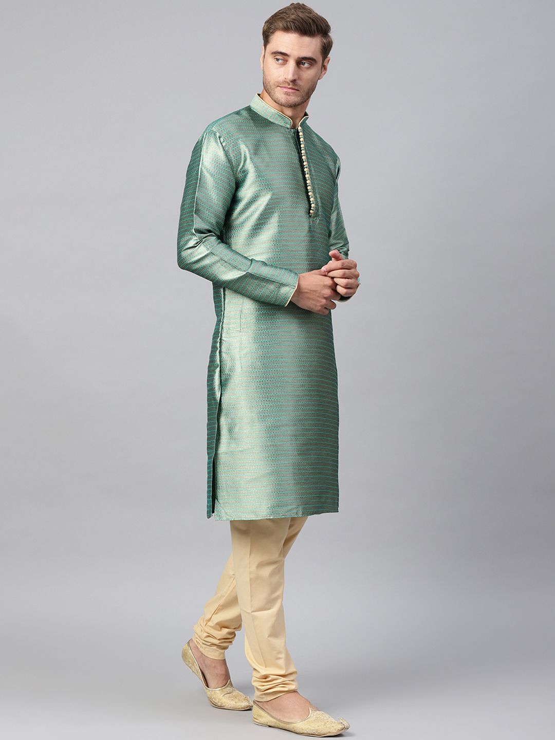 SOJANYA Men Sea Green & Beige Woven Design Straight Kurta