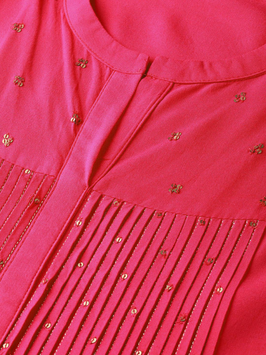 W Women Pink &amp; Orange Printed Kurta Lurus Berlapis dengan Seluar