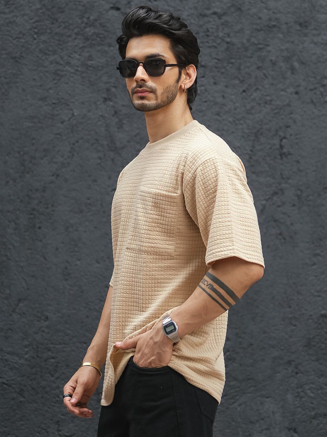 Powerlook Beige Striped Drop-Shoulder Sleeves Oversized T-shirt