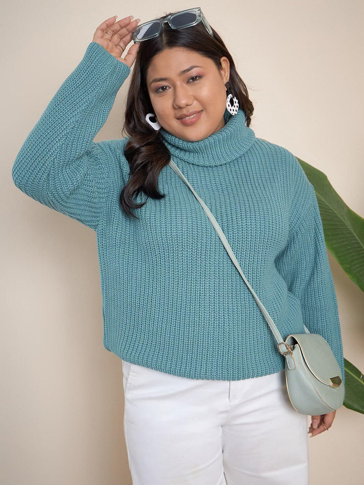 CURVY STREET Plus Size Ribbed Turtle Neck Pure Acrylic Pullover