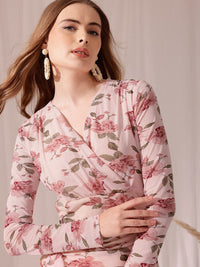 STREET 9 V Neck Floral Print Long Sleeve Wrap Dress