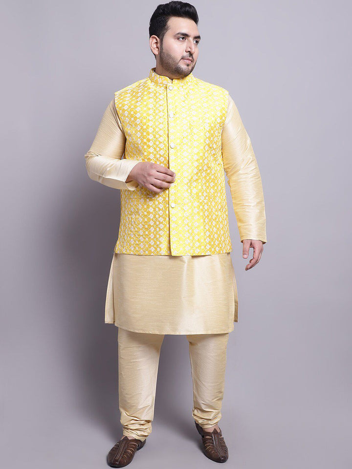 SOJANYA PLUS Dupion Silk Kurta Dengan Piyama & Dengan Jaket Nehru Bersulam