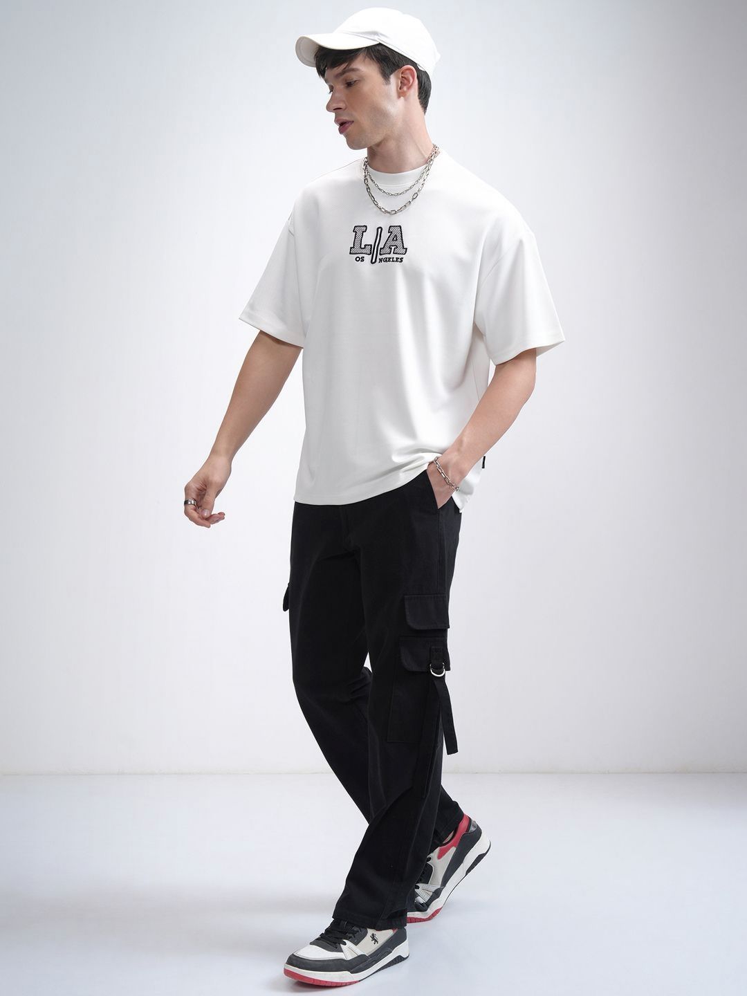 HIGHLANDER Men Round Neck Half Sleeve Oversized Embellished T- Shirt