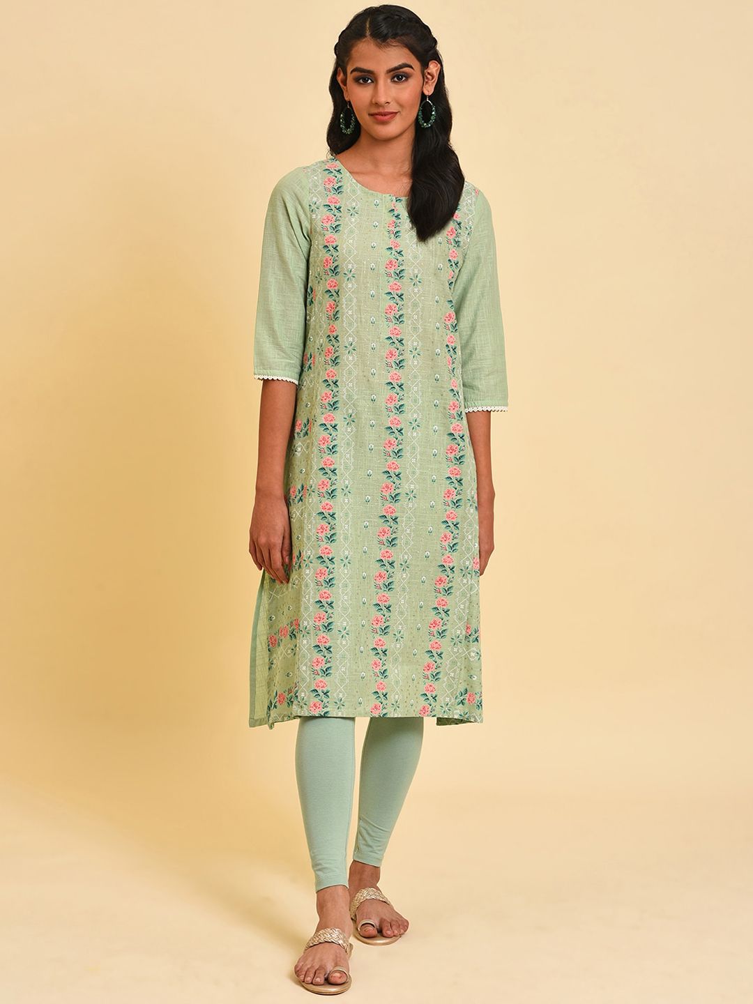 W Floral Printed Pure Cotton Straight Kurta