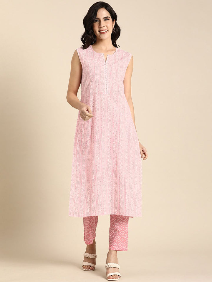 Anouk Ethnic Motifs Printed Pure Cotton Lace Insert Kurta with Trousers