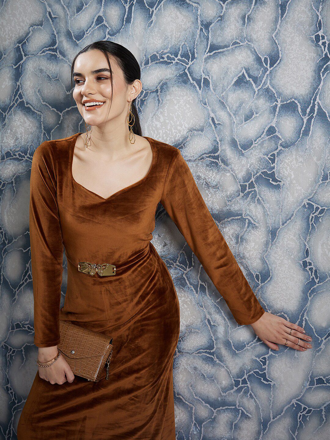 Athena Brown Sweetheart Neck Hiested Dress A-Line Midi Terperinci