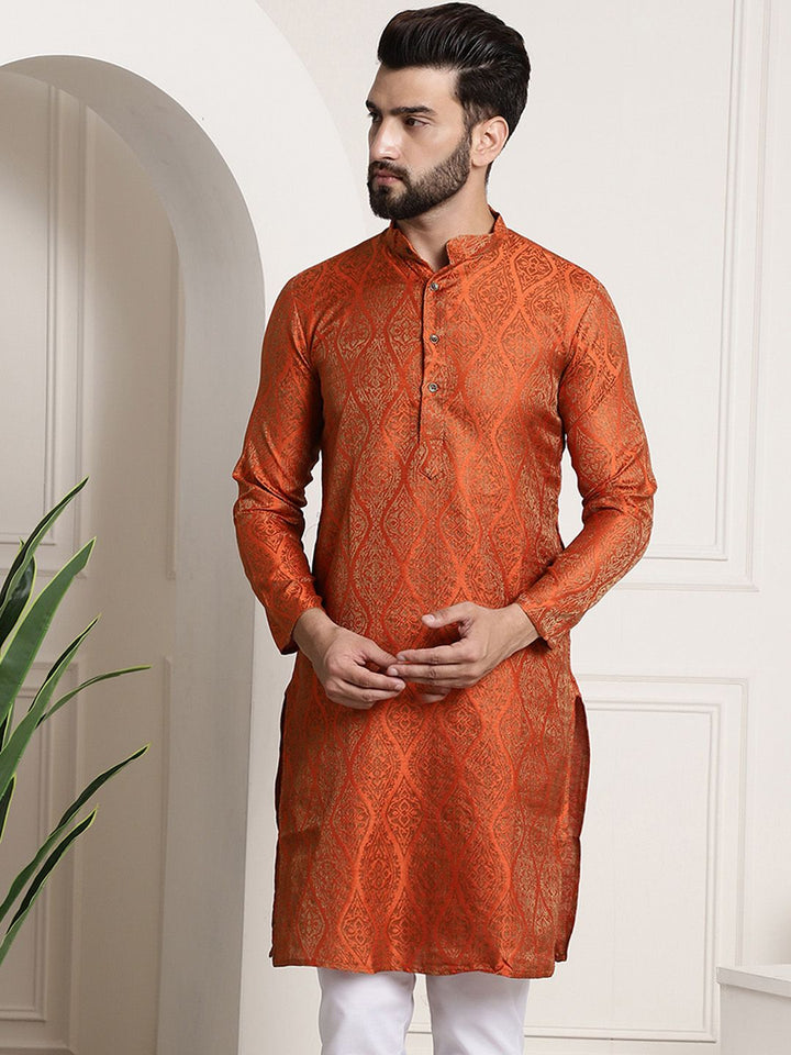 Sojanya Men Orange & Golden Ethnic Motifs Jacquard Kurta