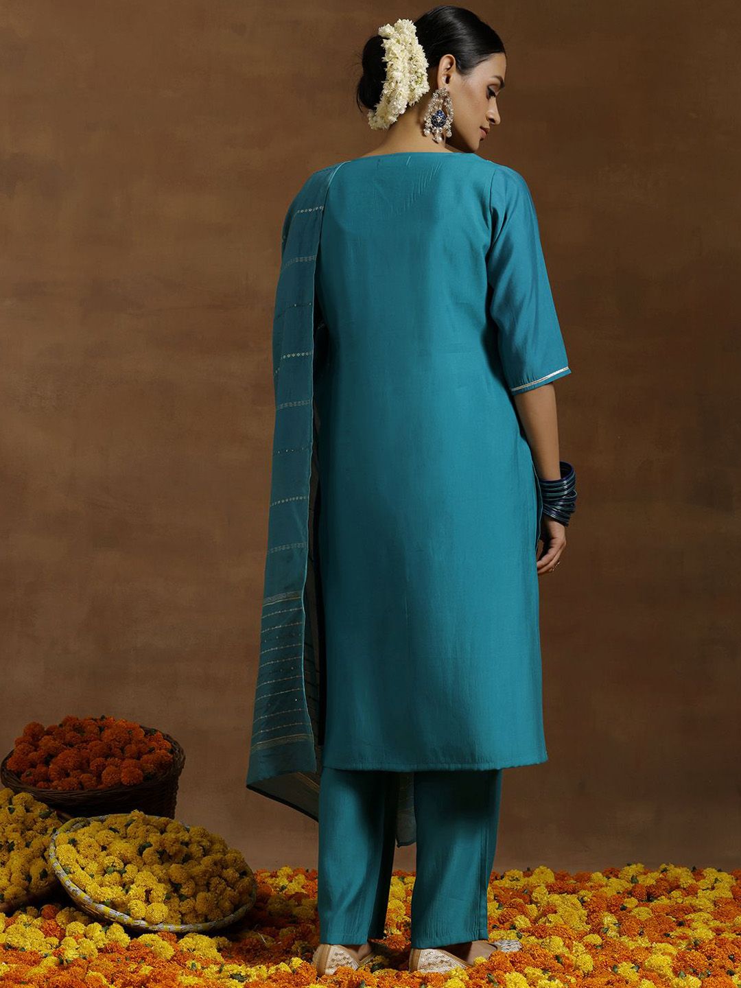 Gerua By Libas Floral Embroidered Sequinned Kurta With Trousers & Dupatta