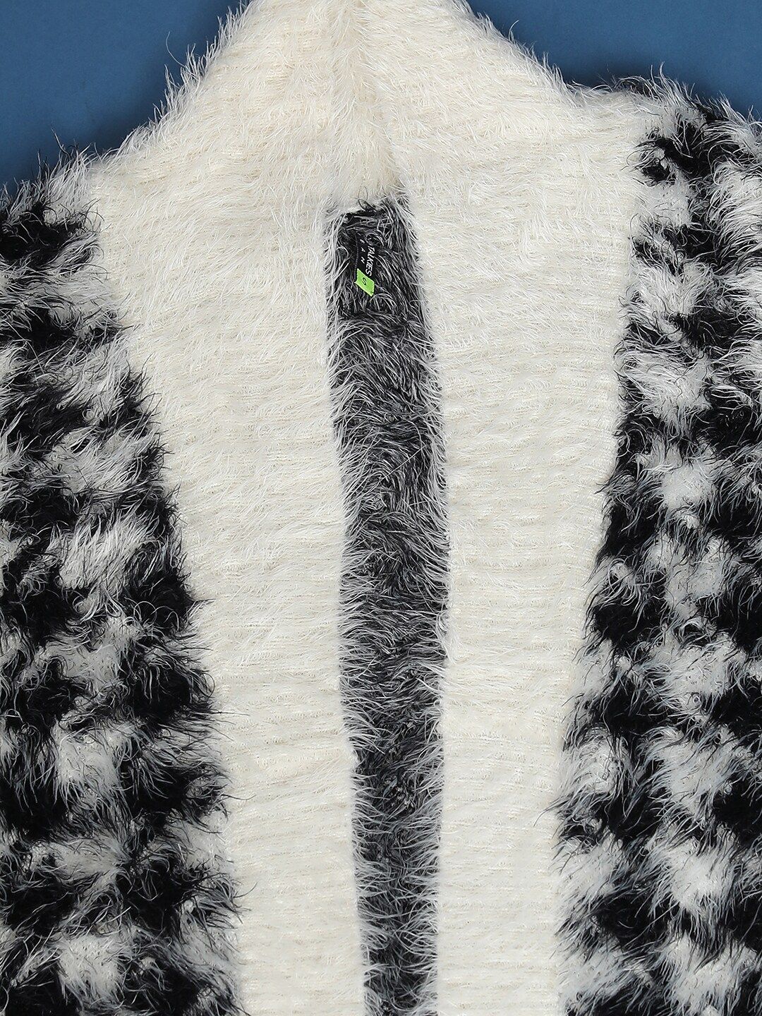 Tokyo Talkies Black Geometric Printed Fuzzy Acrylic Cardigan Sweater