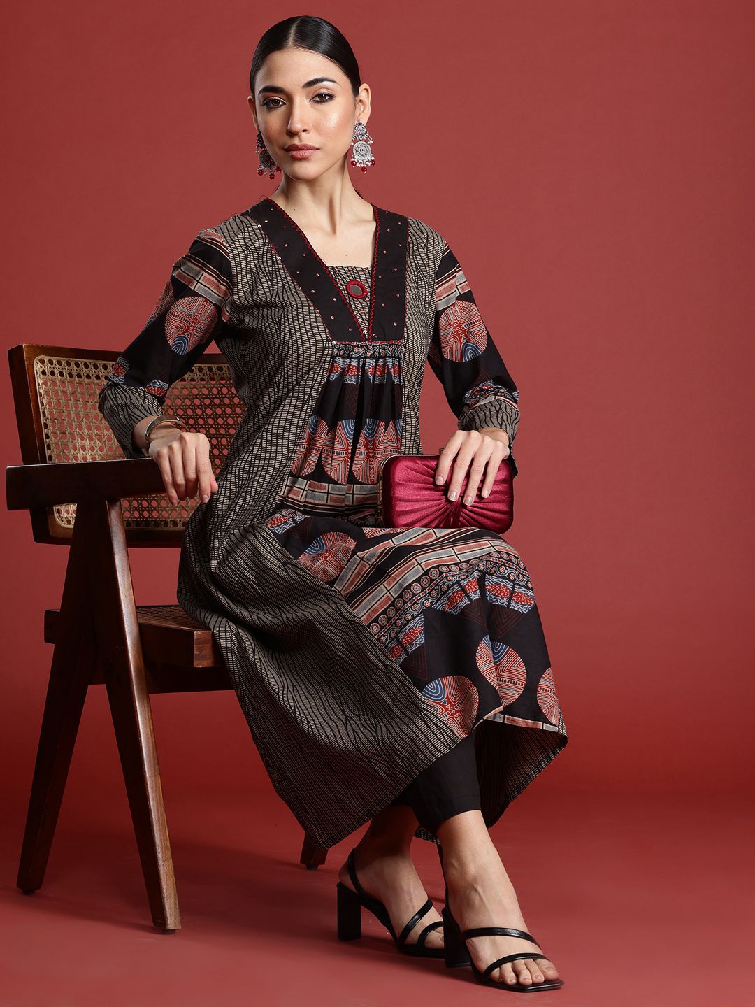 Indo Era Printed Panelled Sequinned Pure Cotton A-Line Kurta with Trousers