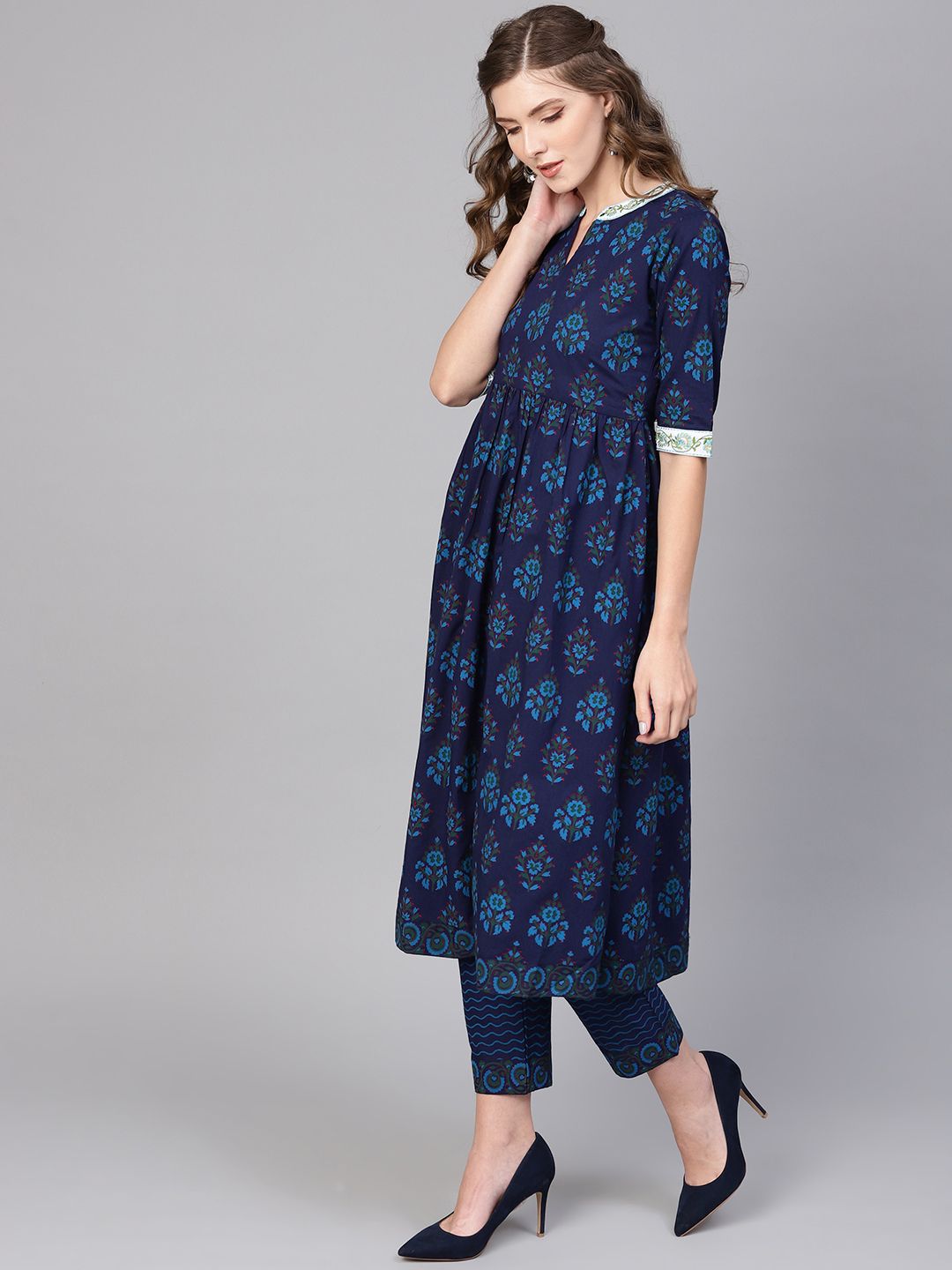 Libas Women Blue & Green Block Print Kurta with Trousers & Dupatta