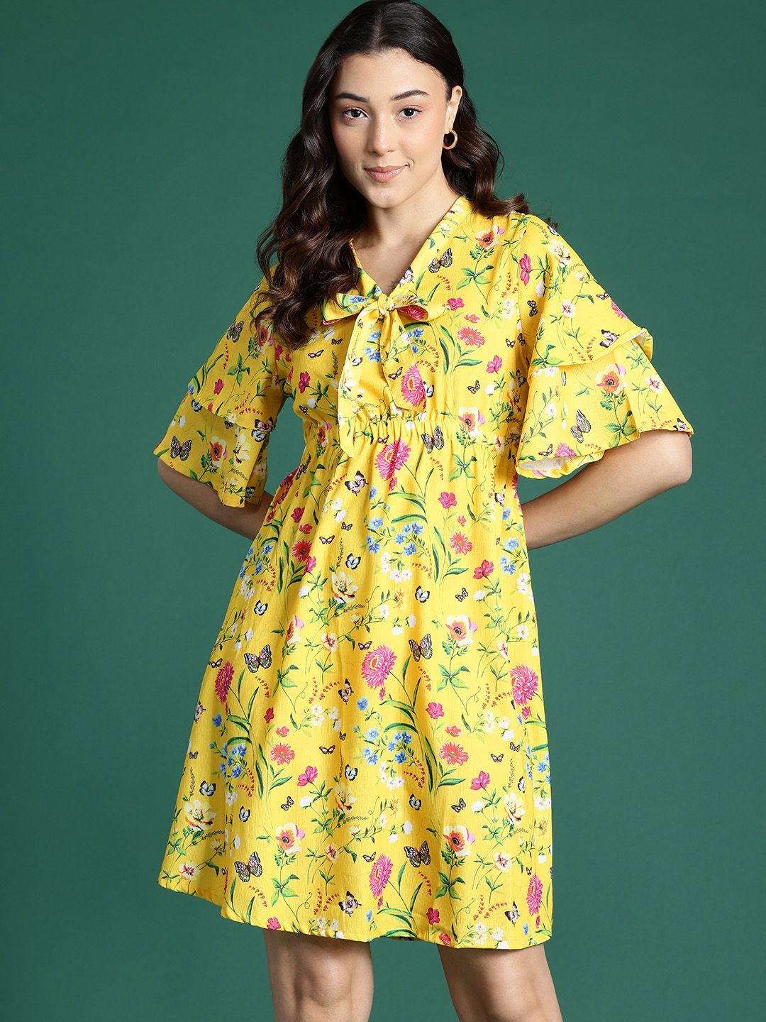 DressBerry Printed Tie-Up Neck Flared Sleeve Mini Dress