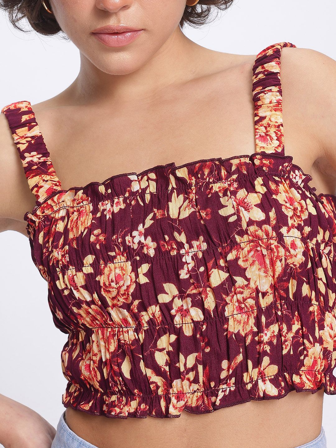 DressBerry Floral Frenzy Printed Smocked Frill Detail Crop Top