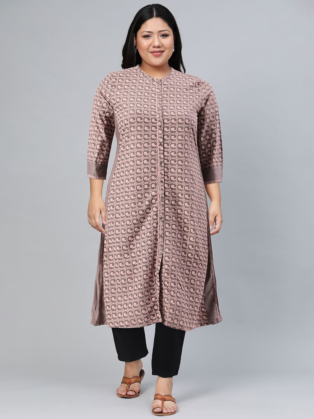 W Women Pink & Black Ethnic Motifs Printed Kurta