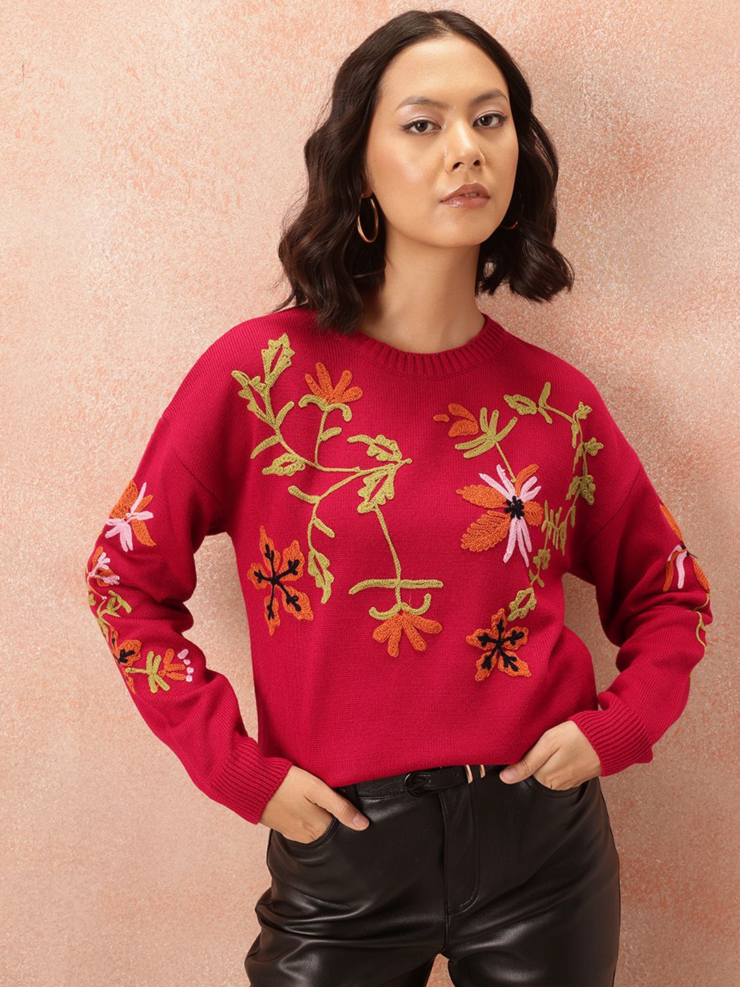 all about you Floral Embroidered Pure Acrylic Pullover