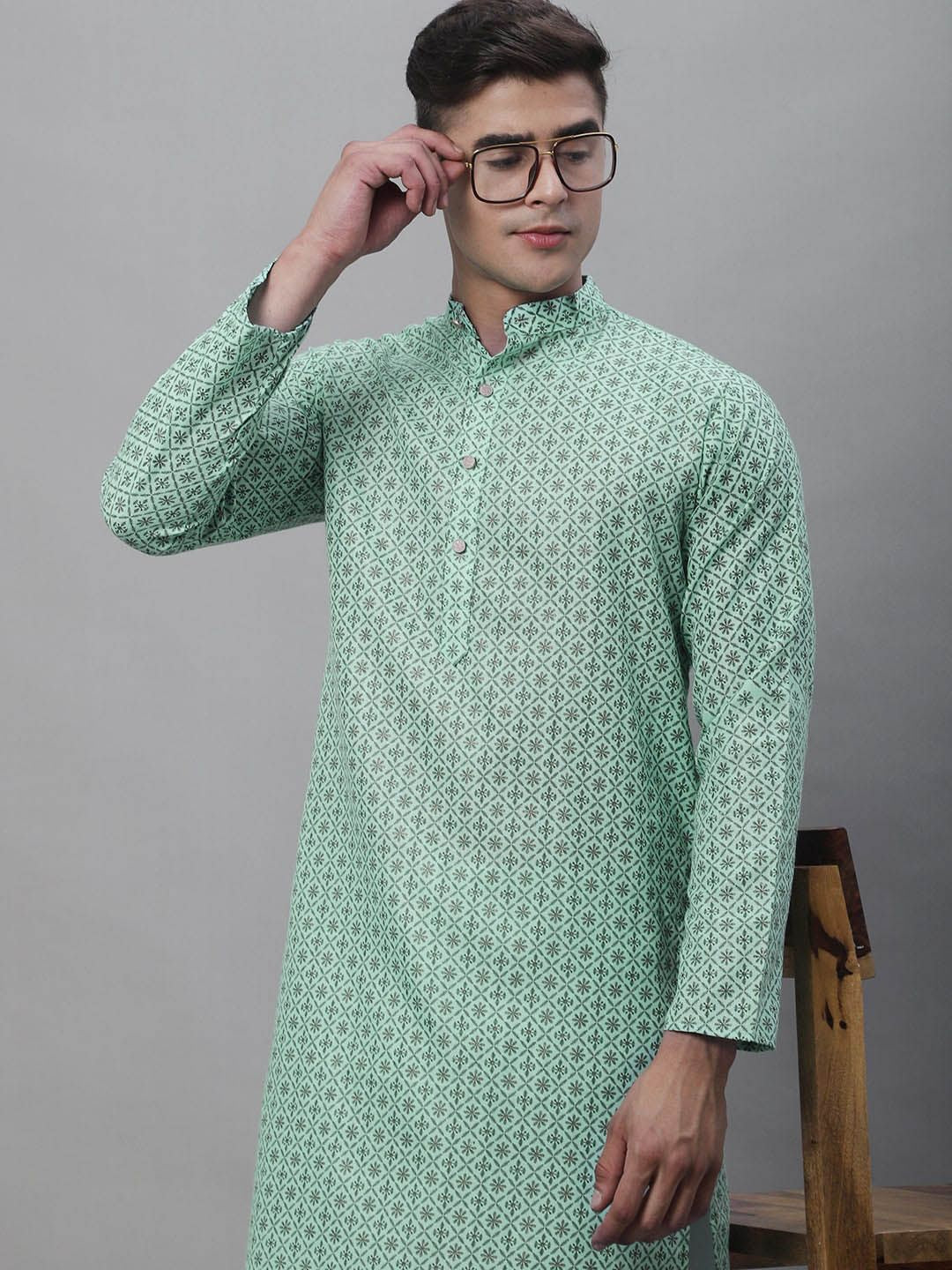 SOJANYA Men Geometric Printed Cotton Linen Kurta