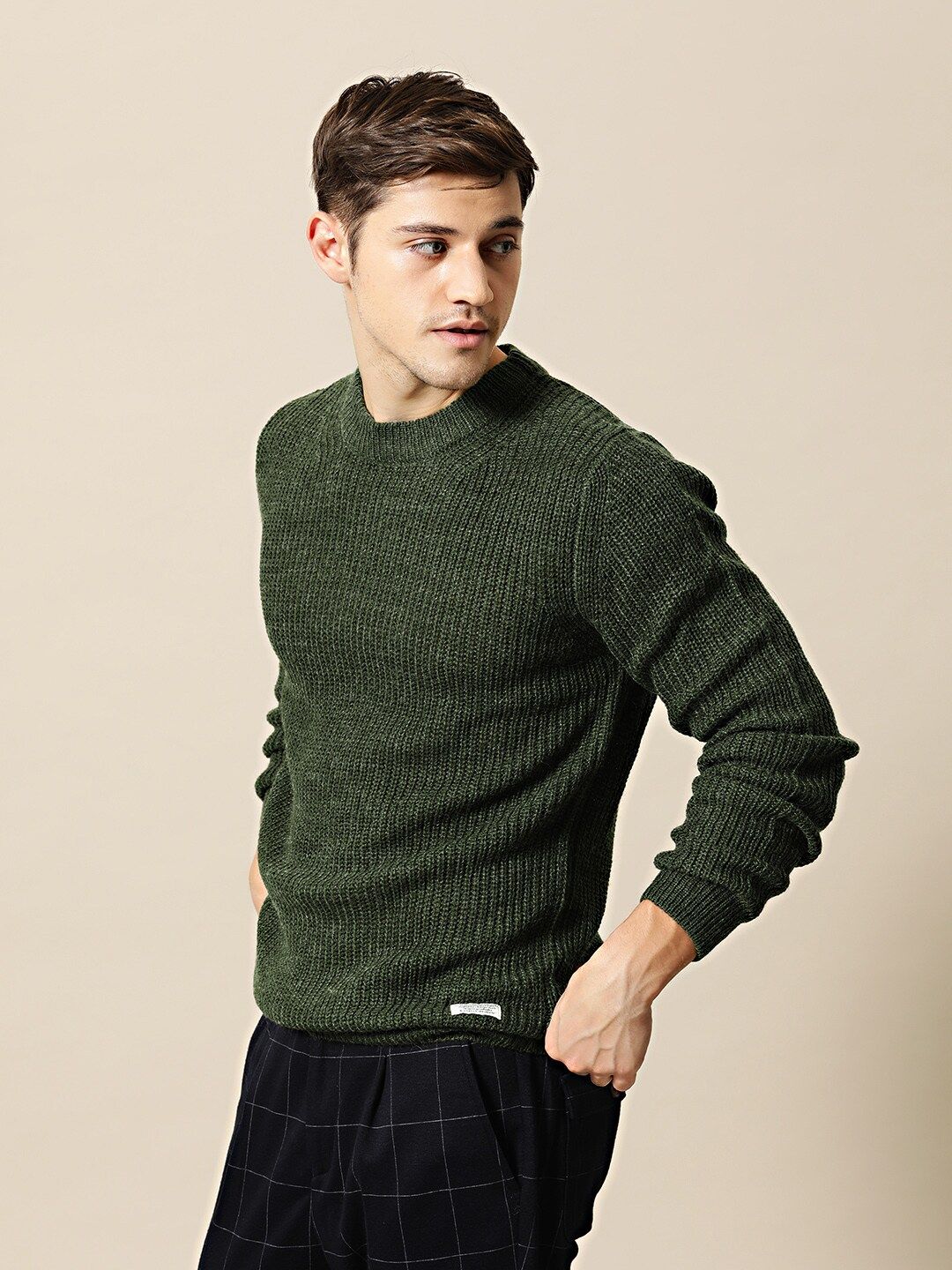 Mr Bowerbird Men Olive Green Solid Pullover Sweater